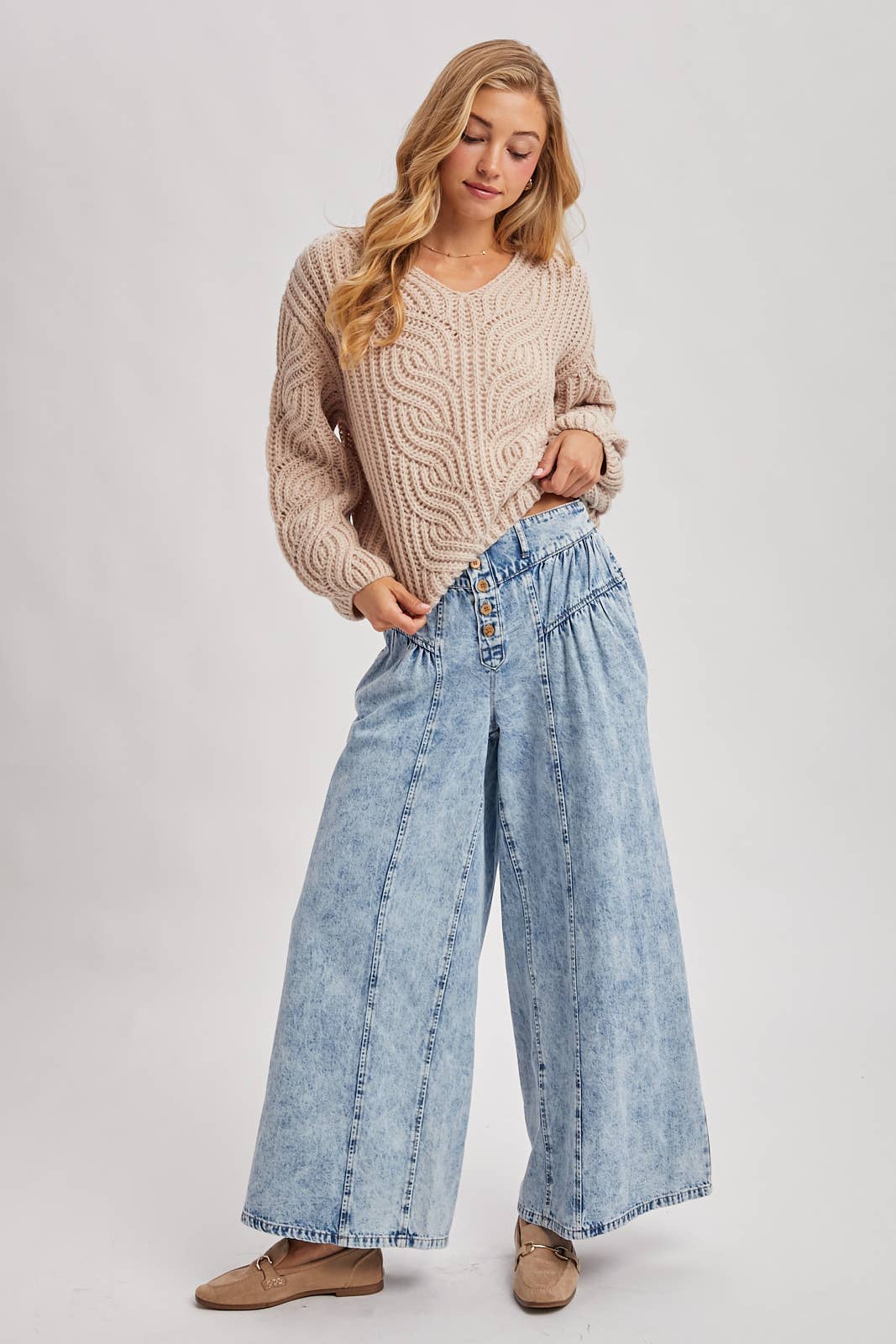 DENIM PLEATED RETRO HIGH-RISE WIDE LEG JEANS