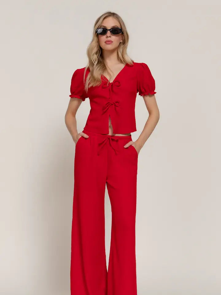 Short Sleeve V-Neck with Tie Top Red