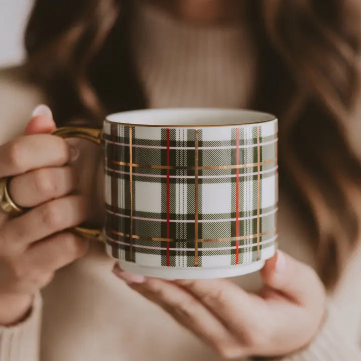 Dark Green Plaid Gold Handle Mug