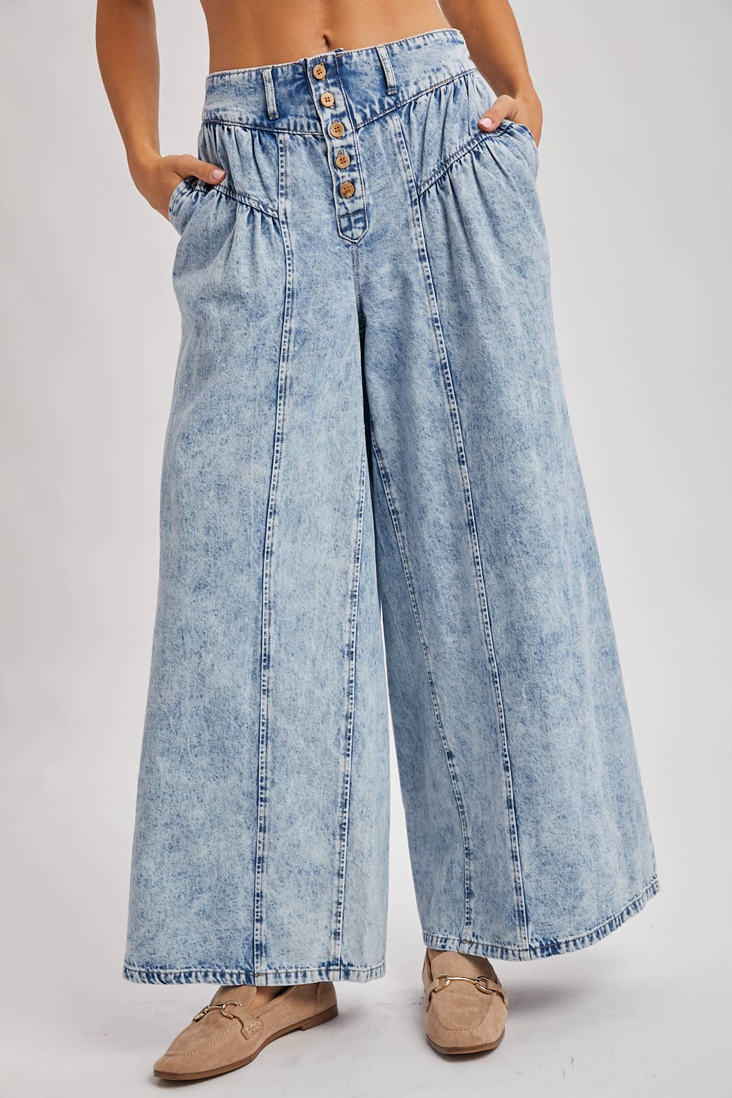 DENIM PLEATED RETRO HIGH-RISE WIDE LEG JEANS