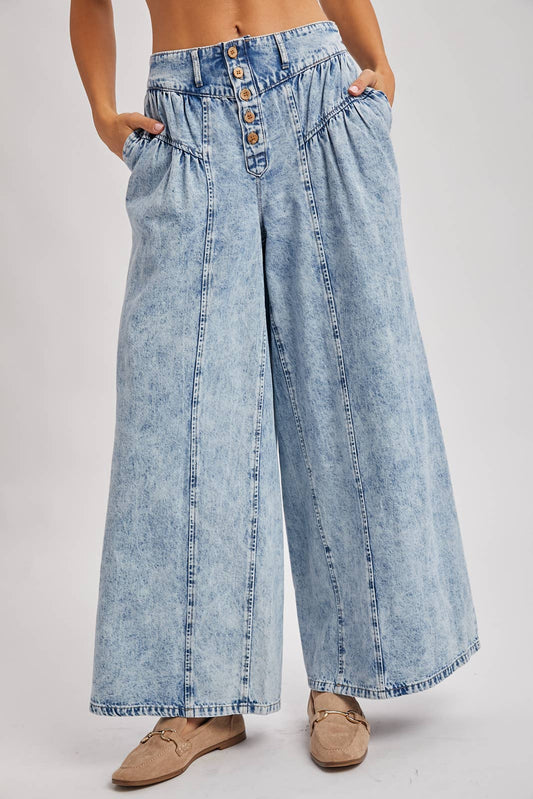 DENIM PLEATED RETRO HIGH-RISE WIDE LEG JEANS