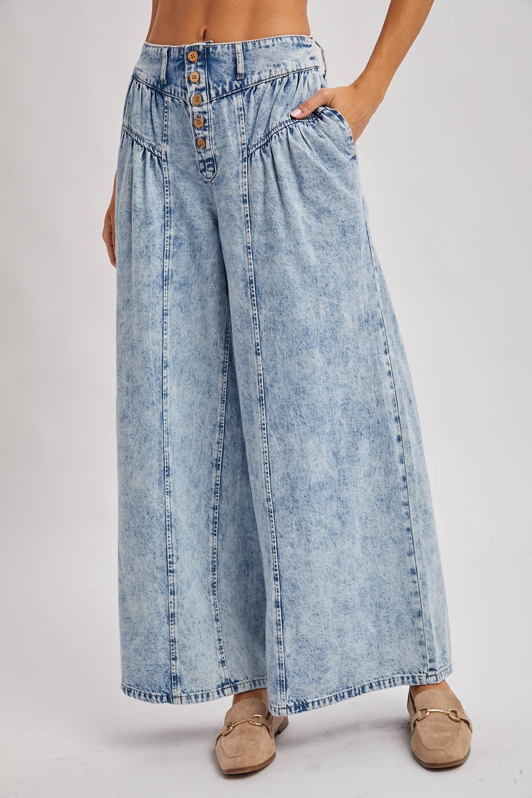 DENIM PLEATED RETRO HIGH-RISE WIDE LEG JEANS