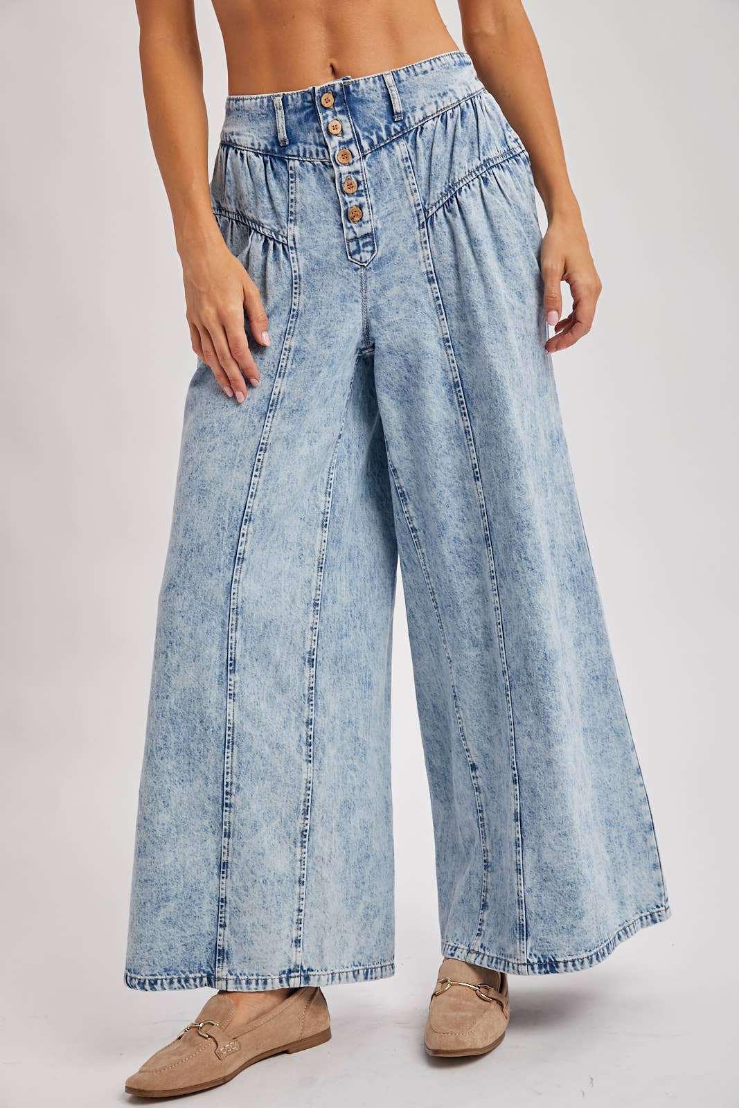 DENIM PLEATED RETRO HIGH-RISE WIDE LEG JEANS